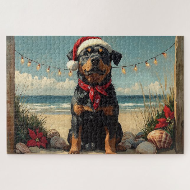 Puzzle Perro Rottweiler Navidad Vintage Playa (Horizontal)