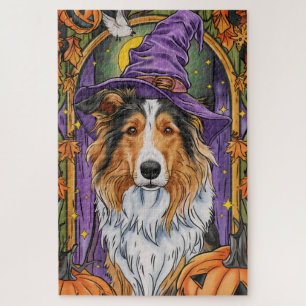 Puzzle Perro Rough Collie Bruja de Halloween Calabaza Esp