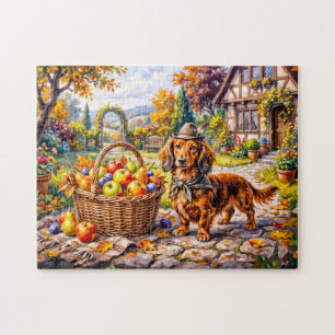 Puzzle Perro salchicha sentado junto a manzanas calabazas