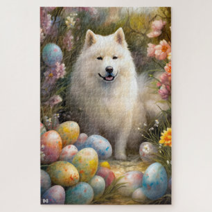 Puzzle Perro samoyado con festividad de huevos de Pascua