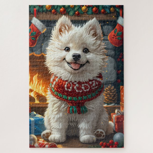 Puzzle Perro samoyado con Navidades regalos chimenea (Vertical)