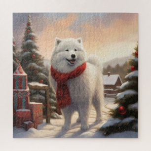 Puzzle Perro samoyano en Navidades de nieve