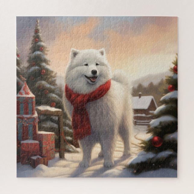 Puzzle Perro samoyano en Navidades de nieve (Vertical)