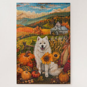 Puzzle Perro Samoyedo Cosecha de Otoño Día de Acción de G