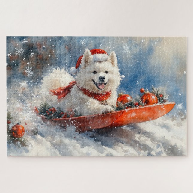 Puzzle Perro Samoyedo en Trineo Deja que Nieve Navidad (Horizontal)