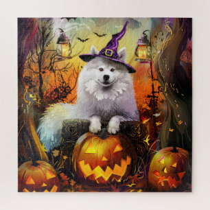 Puzzle Perro Samoyedo Espeluznante Bruja y Calabaza de Ha