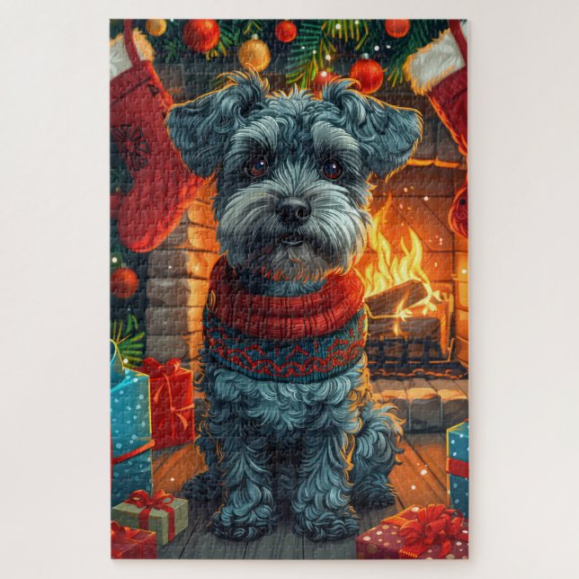 Puzzle Perro Schnauzer con chimenea de regalos de Navidad (Vertical)