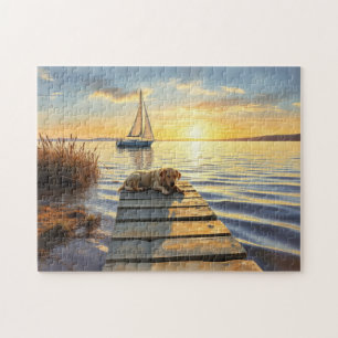 Puzzle Perro sentado en el muelle al atardecer