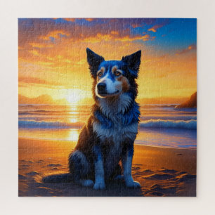 Puzzle Perro sentado en Ocean Beach en Sunset