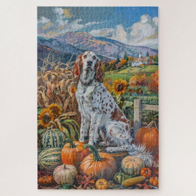 Puzzle Perro Setter Inglés Cosecha de Otoño Día de Acción (Vertical)