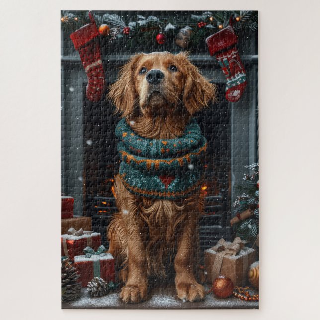 Puzzle Perro Setter Rojo Irlandés con chimenea de regalo  (Vertical)