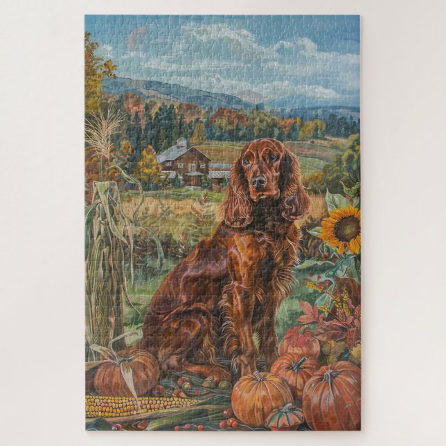 Puzzle Perro Setter Rojo Irlandés Cosecha de Otoño Día de (Vertical)