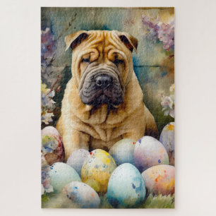 Puzzle Perro Shar Pei con festividad de huevos de Pascua