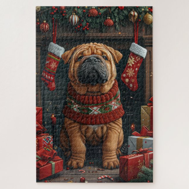 Puzzle Perro Shar Pei con regalos de Navidad Chimenea (Vertical)