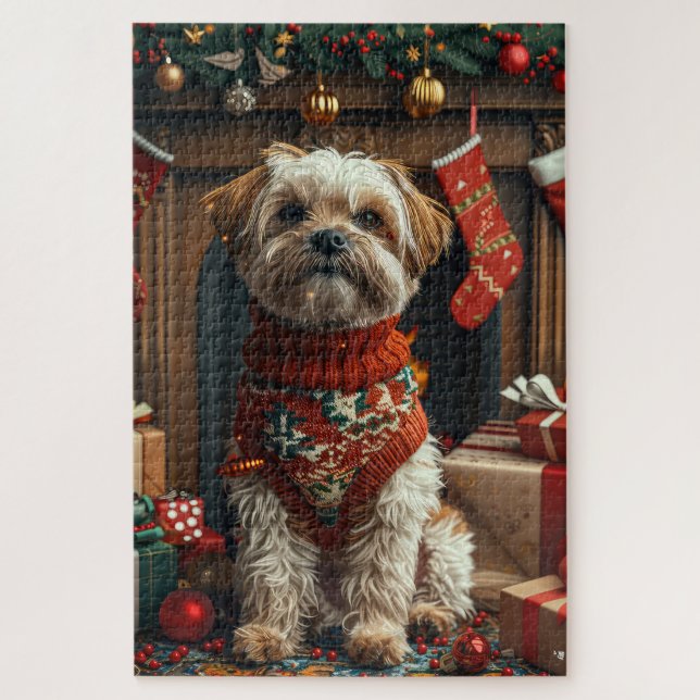 Puzzle Perro Shih Tzu Con Chimenea De Regalos Navidades (Vertical)