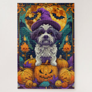 Puzzle Perro Shih Tzu espeluznante de Halloween bruja y c
