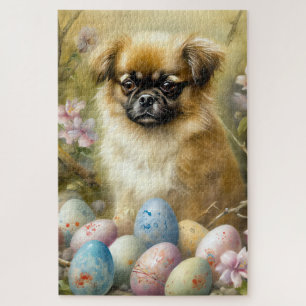 Puzzle Perro Spaniel Tibetano con Huevos de Pascua Fiesta