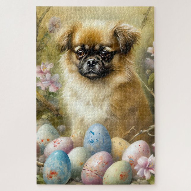 Puzzle Perro Spaniel Tibetano con Huevos de Pascua Fiesta (Vertical)