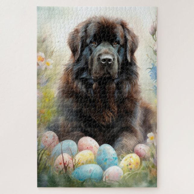 Puzzle Perro Terranova con huevos de Pascua Fiesta (Vertical)