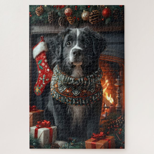 Puzzle Perro Terranova con regalos de Navidad Chimenea (Vertical)