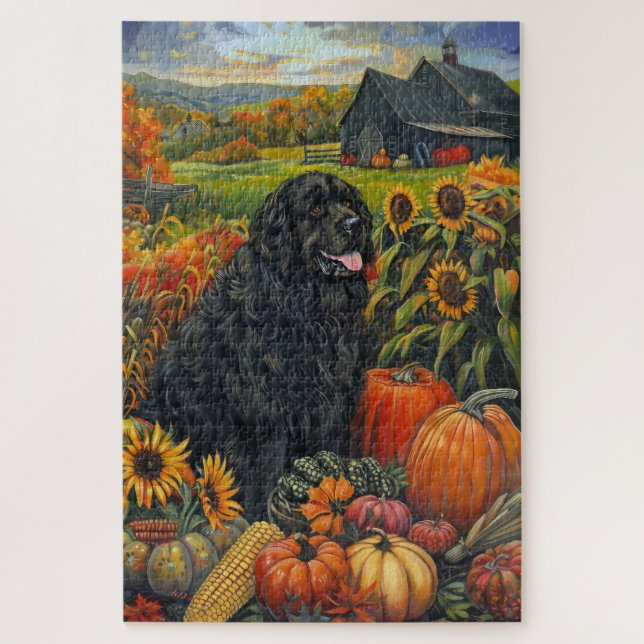 Puzzle Perro Terranova Cosecha de Otoño Día de Acción de  (Vertical)