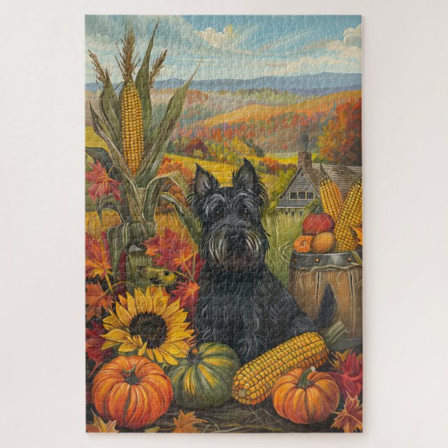 Puzzle Perro Terrier Escocés Cosecha de Otoño Día de Acci (Vertical)