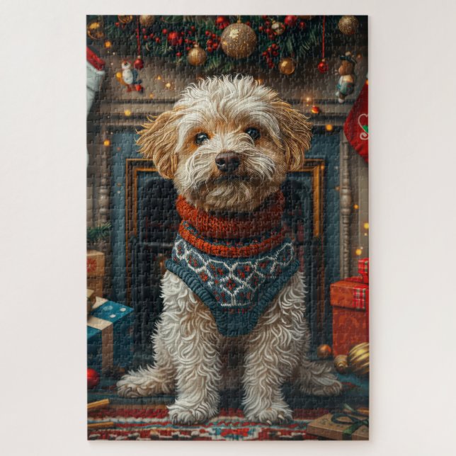 Puzzle Perro Terrier Tibetano con chimenea de regalos de  (Vertical)