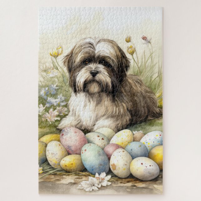 Puzzle Perro Terrier Tibetano con huevos de Pascua (Vertical)