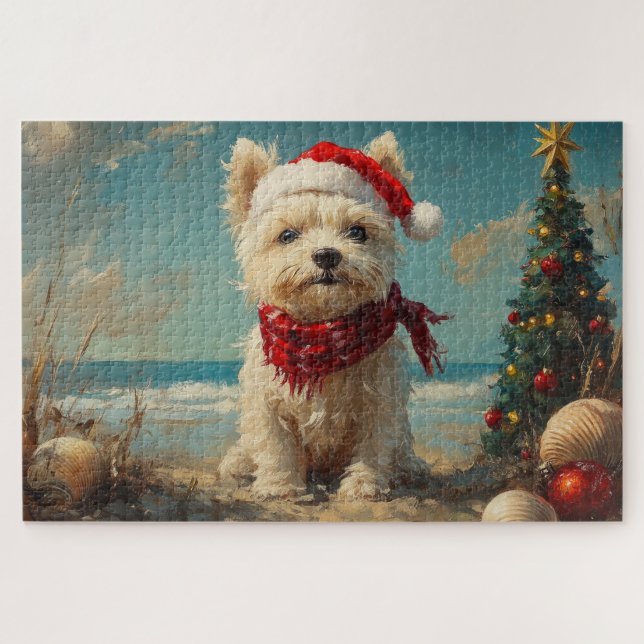 Puzzle Perro Terrier West Highland Blanco Navidad Playa (Horizontal)