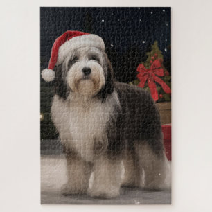 Puzzle Perro terrorífico tibetano en Navidades de nieve