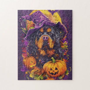 Puzzle Perro tibetano mastín espeluznante Halloween bruja