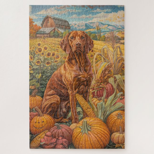 Puzzle Perro Vizsla Cosecha de Otoño Día de Acción de Gra (Vertical)