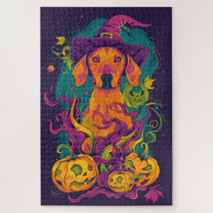 Puzzle Perro Vizsla Espeluznante Bruja de Halloween y Cal