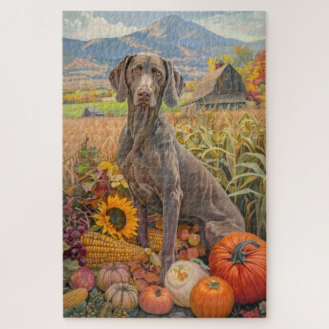 Puzzle Perro Weimaraner Cosecha de Otoño Día de Acción de (Vertical)