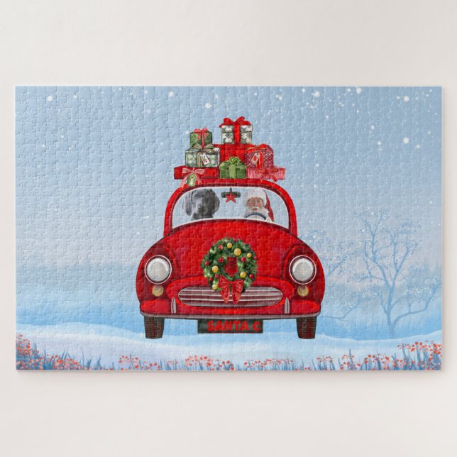 Puzzle Perro Weimaraner en coche con Papá Noel (Horizontal)