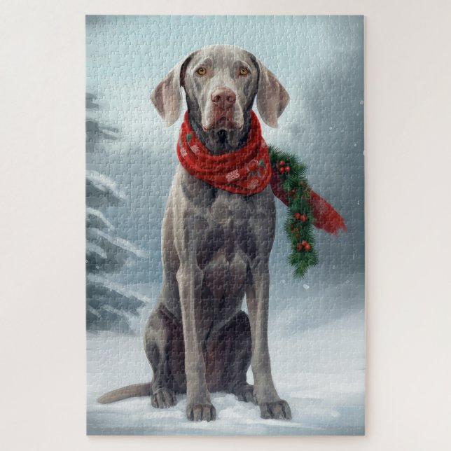 Puzzle Perro Weimaraner en Navidad con nieve (Vertical)
