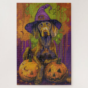 Puzzle Perro Weimaraner espeluznante, bruja y calabaza de