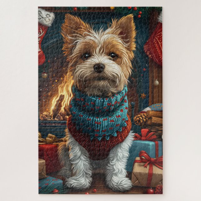 Puzzle Perro Wire Fox Terrier con regalo de Navidad en la (Vertical)