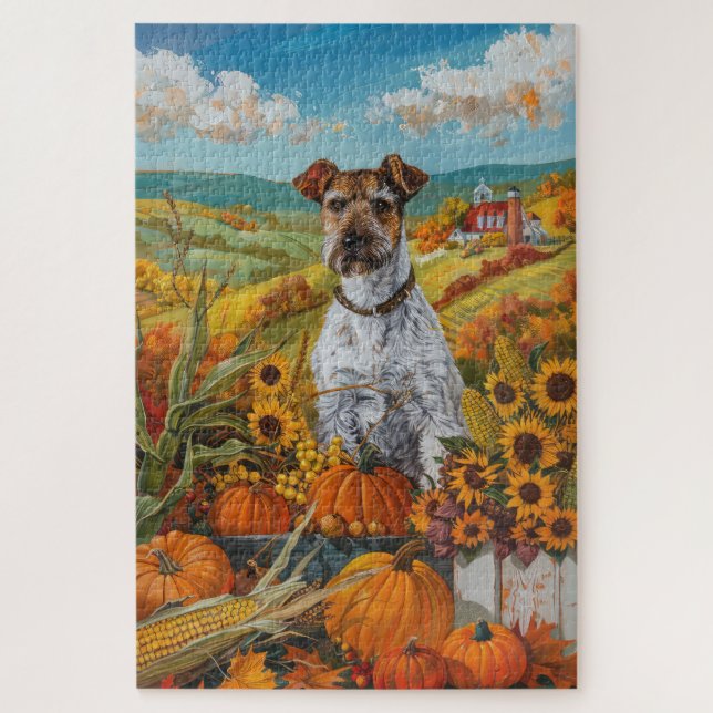 Puzzle Perro Wirefox Terrier Cosecha de Otoño Día de Acci (Vertical)