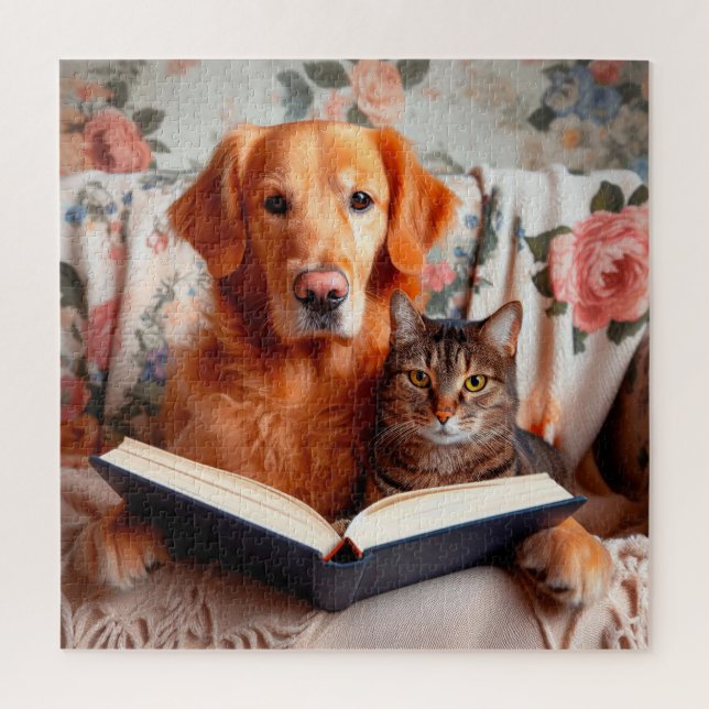 Puzzle Perro y gato leyendo un libro (Vertical)