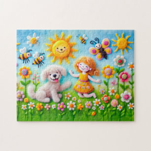 Puzzle Perro y niño de fieltro en jardín de flores