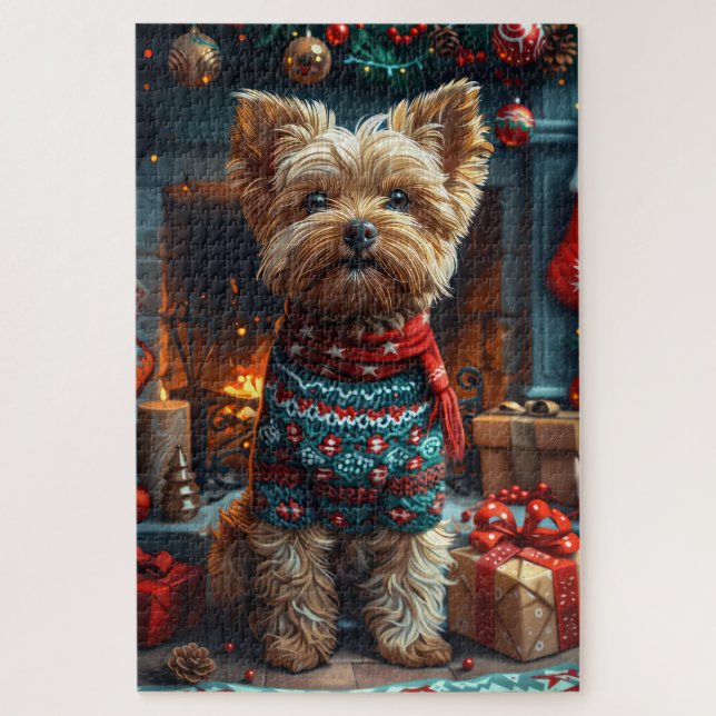 Puzzle Perro Yorkipoo con chimenea de regalos de Navidade (Vertical)