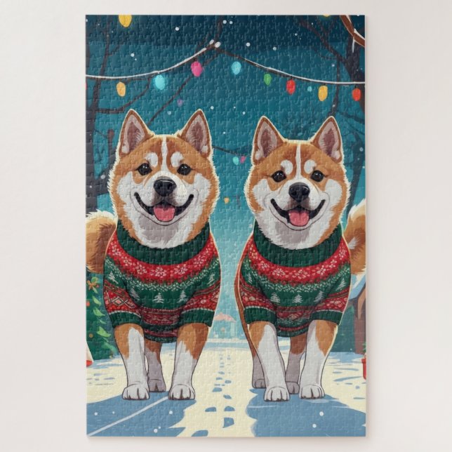 Puzzle Perros Akita Navidad Nieve Fiesta (Vertical)
