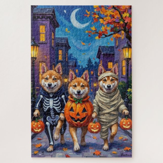 Puzzle Perros Akita Trick-or-Treating con disfraces de Ha (Vertical)