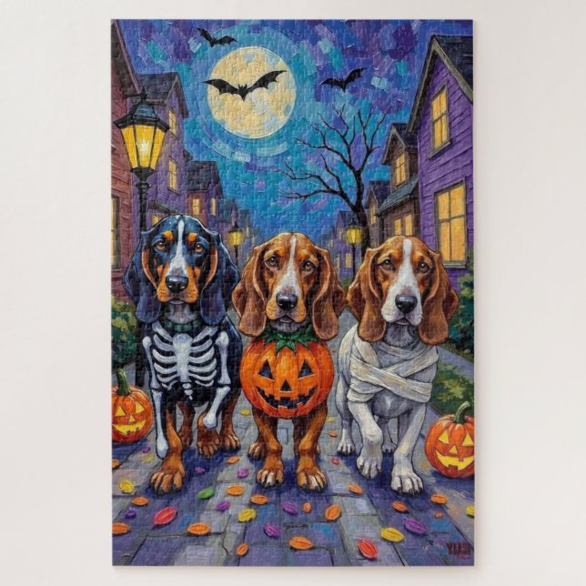 Puzzle Perros Basset Hound pidiendo dulces en Halloween  (Vertical)