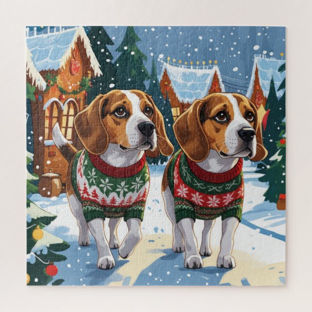 Puzzle Perros Beagle Navidad Nieve Fiesta (Vertical)