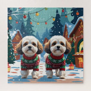 Puzzle Perros Bichon Frise Navidad Nieve Fiesta