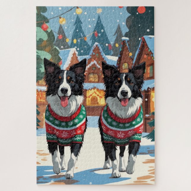 Puzzle Perros Border Collie Navidad Nieve Fiesta (Vertical)