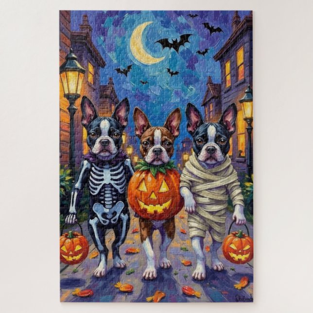 Puzzle Perros Boston Terrier Trick-or-Treating en Hallowe (Vertical)