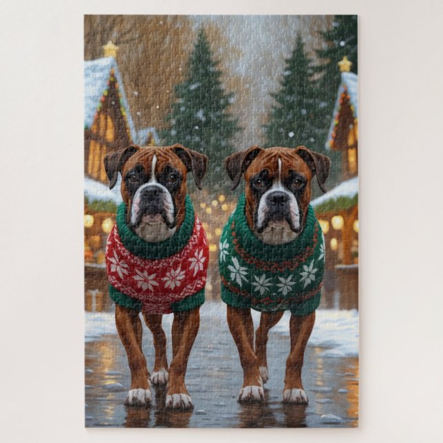 Puzzle Perros Boxer Navidad Nieve Fiesta (Vertical)